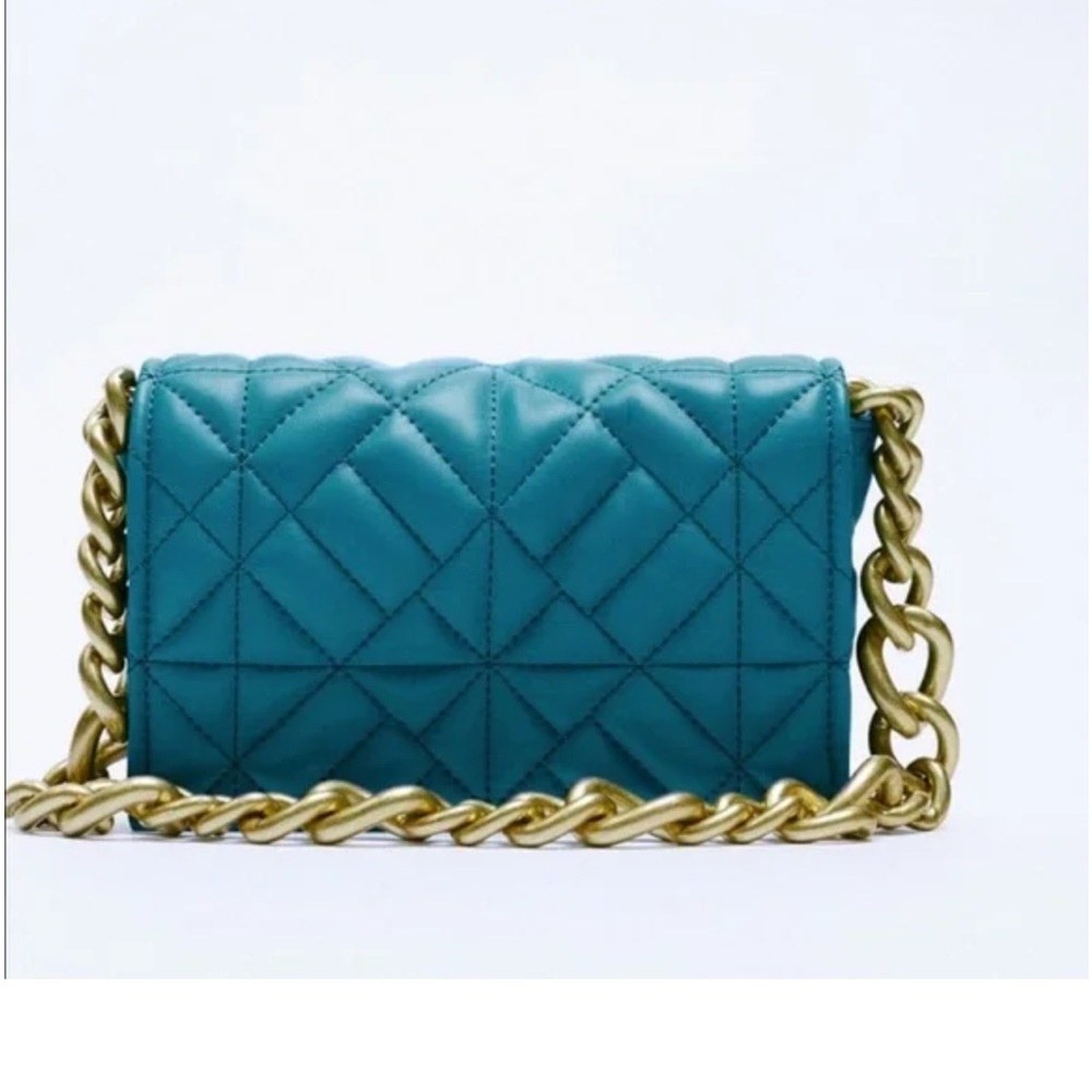 Zara Quilted Chain Strap Shoulder Bag with gold chain blue